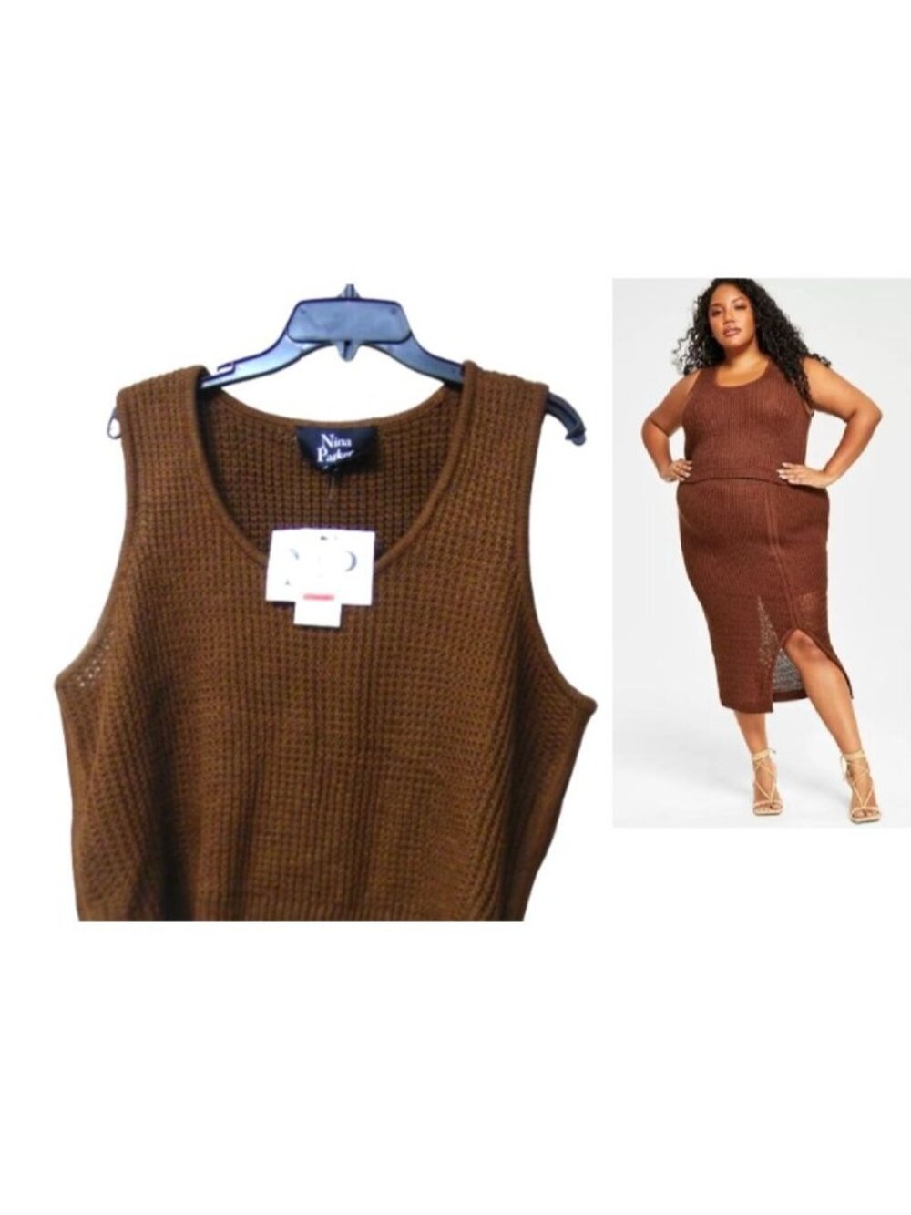 Nina Parker Trendy Plus Size Crochet Tank Top, Chocolate Brown, 2X